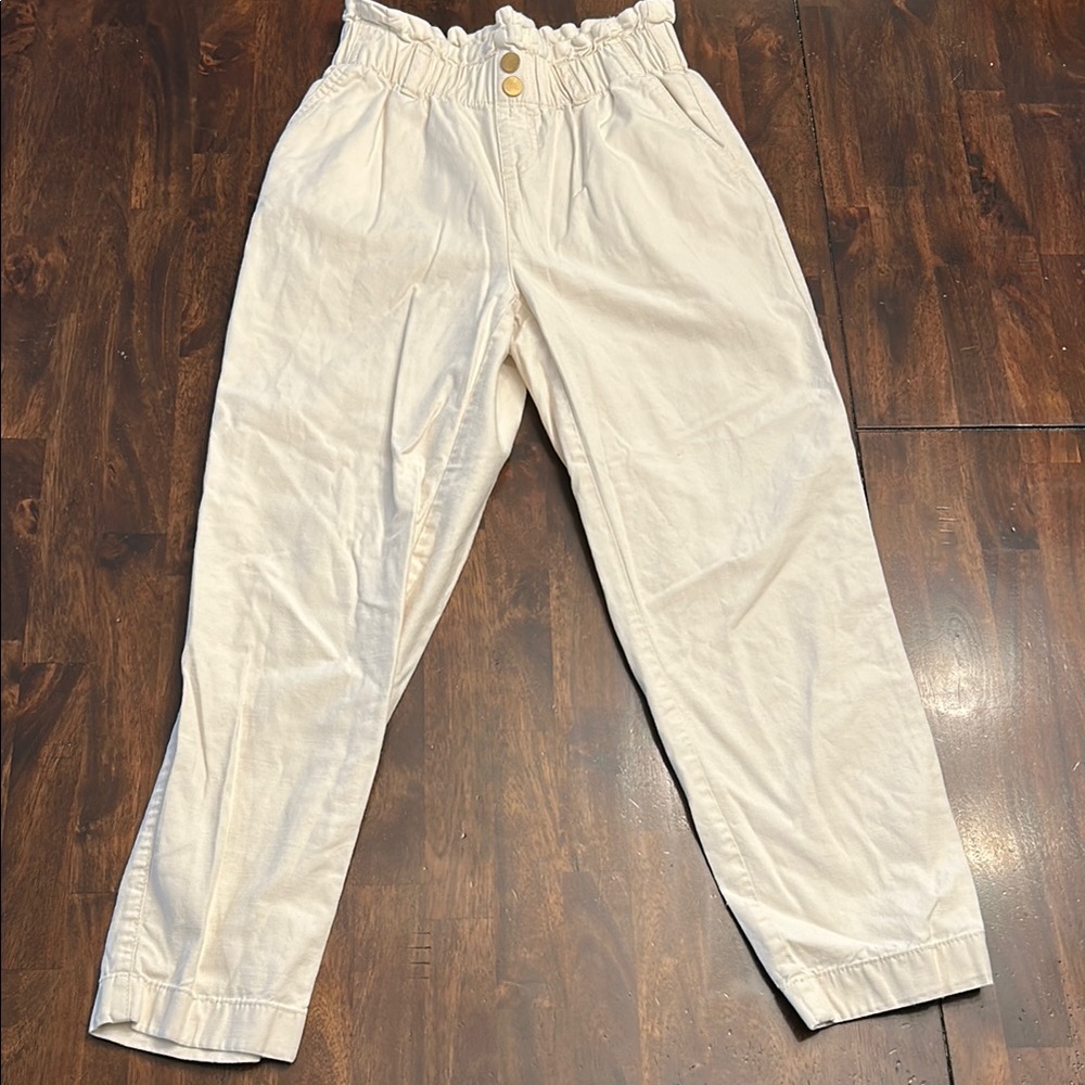 Cream Ankle-Length Relaxed Fit Pants with Elastic Waistband